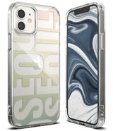 iPhone 12 Mini Case | Fusion Design - Clear phone case with pastel Seoul typography and a marble-patterned screen.