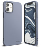 iPhone 12 Mini Case | Air-S - Matte lavender-blue phone case shown from back and front with a marble-patterned screen display.