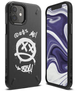 iPhone 12 Mini Case | Onyx Design - Black case with white graffiti smiley face, text, and purple marble screen wallpaper.
