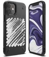 iPhone 12 Mini Case | Onyx Design - Black phone case with white diagonal brush strokes and text on a phone with marble wallpaper.