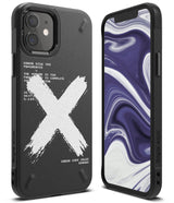 iPhone 12 Mini Case | Onyx Design - Black phone case with white X graphic and error text, shown with a purple marble screen.