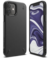 iPhone 12 Mini Case | Onyx - Matte black textured phone case shown from back and front with a purple marble screen display.
