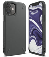 iPhone 12 Mini Case | Onyx - Matte black textured protective phone case shown from the back and front with marble wallpaper.