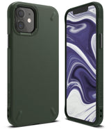 iPhone 12 Mini Case | Onyx - Matte dark green protective phone case shown from the back and front with a marble wallpaper.