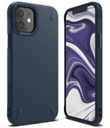 iPhone 12 Mini Case | Onyx - Matte navy blue protective phone case shown from the back and front with a marble wallpaper.