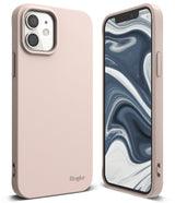 iPhone 12 Mini Case | Air-S - Matte light pink phone case shown from back and front with a marble-patterned screen.