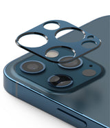 iPhone 12 Pro Max | Camera Styling - iPhone 12 Pro Max - Blue camera lens protector hovering above the triple-camera module of a blue smartphone.