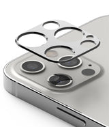 iPhone 12 Pro Max | Camera Styling - iPhone 12 Pro Max - Silver camera lens protector hovering above the triple-lens array of a silver smartphone.