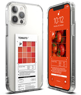 iPhone 12 Pro Max Case | Fusion Design Palette - Clear phone case featuring a tomato-themed nutritional label design.