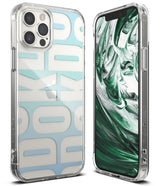 iPhone 12 Pro Max Case | Fusion Design - Clear phone case with blue typography pattern and green marble screen display.