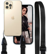 iPhone 12 Pro Max Case | Air + Shoulder Strap - Clear phone case with black adjustable strap and lifestyle photo.