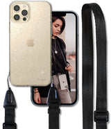 iPhone 12 Pro Max Case | Air + Shoulder Strap - Glittery clear phone case with a black adjustable shoulder strap.