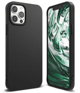 iPhone 12 / 12 Pro Case | Air-S - Matte black phone case shown from back and front with a green marble screen wallpaper.