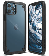 iPhone 12 / 12 Pro Case | Fusion-X - Black rugged protective case on a blue iPhone 12 Pro showing front and back views.