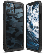 iPhone 12 / 12 Pro Case | Fusion-X - Black camouflage phone case shown from back and front angles with a blue marble screen.