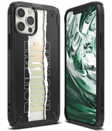 iPhone 12 / 12 Pro Case | Fusion-X Design - Black rugged case with a torn paper graphic and green marble screen display.
