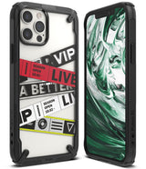 iPhone 12 / 12 Pro Case | Fusion-X Design - Rugged black phone case with a clear back featuring layered ticket-style graphics.