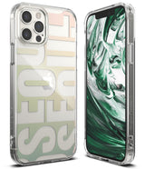 iPhone 12 / 12 Pro Case | Fusion Design - Clear phone case with a pastel "SEOUL" graphic and a green marble screen display.