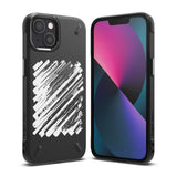 iPhone 13 Mini Case | Onyx Design - Black phone case with white brushstroke pattern and text on a white background.