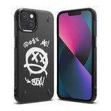 iPhone 13 Mini Case | Onyx Design - Black phone case with white graffiti-style smiley face and text on a textured back.