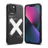 iPhone 13 Mini Case | Onyx Design - Black case with white brushstroke X and error text next to a phone with a colorful screen.