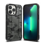 iPhone 13 Pro Case | DX - iPhone 13 Pro with a black and grey camouflage protective case, showing front and back views.