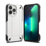 iPhone 13 Pro Case | DX - White and black rugged phone case shown from front and back with a green gradient screen.