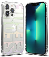 iPhone 13 Pro Max Case | Fusion Design - Assorted clear phone cases with floral and holographic text patterns arranged on a white surface.
