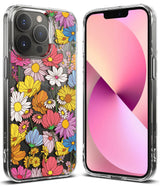 iPhone 13 Pro Max Case | Fusion Design - Assorted clear phone cases with floral and holographic text patterns arranged on a white surface.