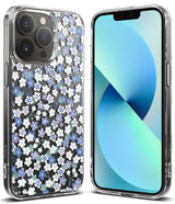 iPhone 13 Pro Max Case | Fusion Design - Multiple clear phone cases with floral and holographic text designs on a white background.
