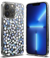 iPhone 13 Pro Case | Fusion Design - Clear phone case with a blue and white floral pattern, shown from back and front.