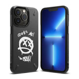 iPhone 13 Pro Case | Onyx Design - Black phone case with white graffiti-style smiley face and text on back, shown with phone front.