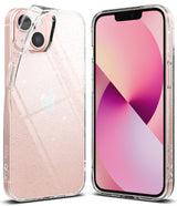 iPhone 13 Case | Air - Clear, glittery protective case on a pink iPhone 13, shown from both back and front views.
