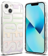 iPhone 13 Case | Fusion Design - Clear phone case with pastel Seoul typography and a blue abstract screen display.