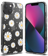 iPhone 13 Case | Fusion Design - Clear phone case with white daisy pattern and yellow dots on the back, shown from front and back.