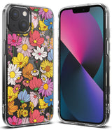iPhone 13 Case | Fusion Design - Clear phone case featuring a vibrant, colorful floral pattern on the back and a sleek front view.