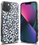 iPhone 13 Case | Fusion Design - Clear phone case with a blue and white floral pattern on the back and a phone screen display.