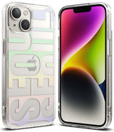 iPhone 14 Plus Case | Fusion Design - Clear phone case with pastel Seoul typography and front view of iPhone 14 Plus.