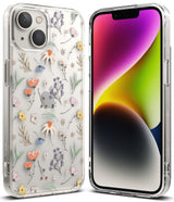 iPhone 14 Plus Case | Fusion Design - Clear phone case with a delicate floral pattern and a vibrant abstract screen wallpaper.