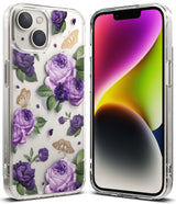 iPhone 14 Plus Case | Fusion Design - Clear phone case featuring purple roses and gold butterfly outlines on the back.