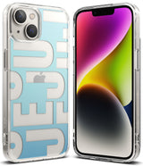iPhone 14 Case | Fusion Design - Clear phone case with a blue and white graphic back, shown from front and rear angles.