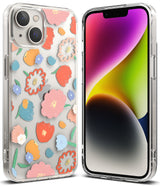 iPhone 14 Plus Case | Fusion Design - Clear phone case with a colorful, hand-drawn floral pattern on the back.