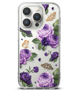 iPhone 14 Pro Max Case | Fusion Design - Clear phone case featuring purple roses, green leaves, and gold butterfly outlines.