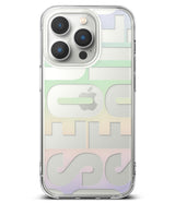 iPhone 14 Pro Max Case | Fusion Design - Clear phone case with layered, pastel-colored geometric typography and Apple logo.