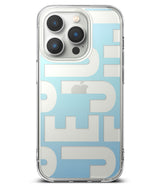 iPhone 14 Pro Max Case | Fusion Design - Clear phone case with large white abstract typography over a light blue background.