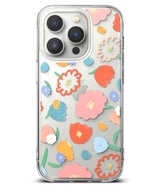 iPhone 14 Pro Max Case | Fusion Design - Clear phone case featuring a colorful, hand-drawn floral pattern with pastel flowers.