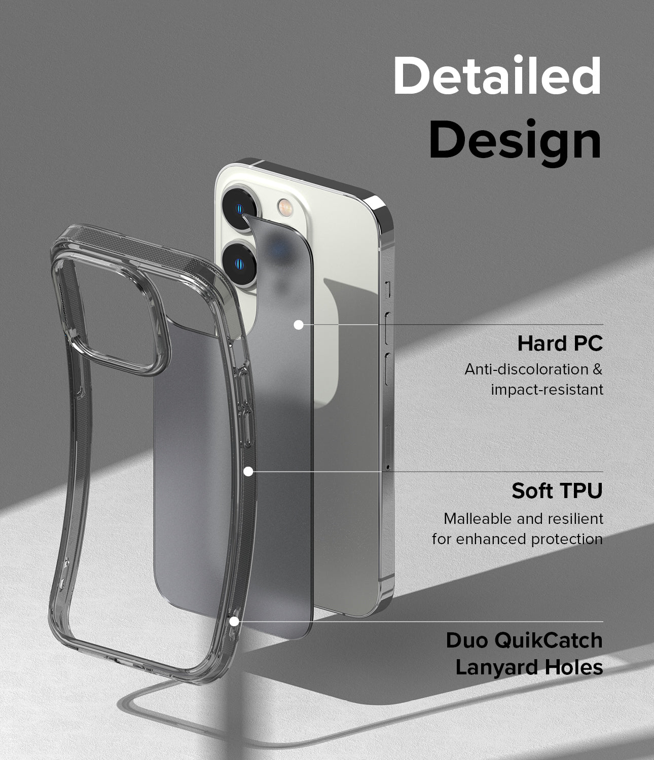iPhone 14 Pro Max Case | Fusion Matte - Smoke Black - Detailed Design. Anti-discoloration and impact-resistant with Hard PC. Malleable and resilient for enhanced protection with Soft TPU. Duo QuikCatch Lanyard Holes.