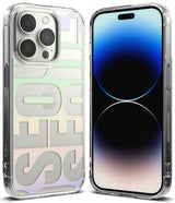 iPhone 14 Pro Case | Fusion Design - Clear phone case with pastel gradient lettering on back and front view of screen.