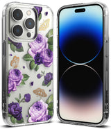 iPhone 14 Pro Case | Fusion Design - Clear phone case featuring purple roses, green leaves, and gold butterfly outlines.