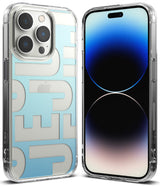 iPhone 14 Pro Case | Fusion Design - Clear phone case with blue gradient and large white text on back, showing front and back.